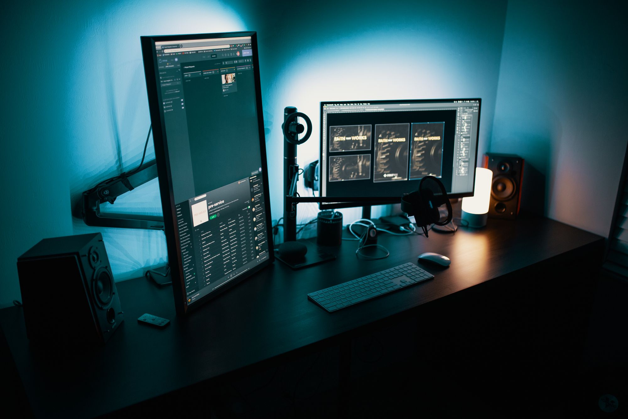 Workstation screens and keyboard, with no one seated