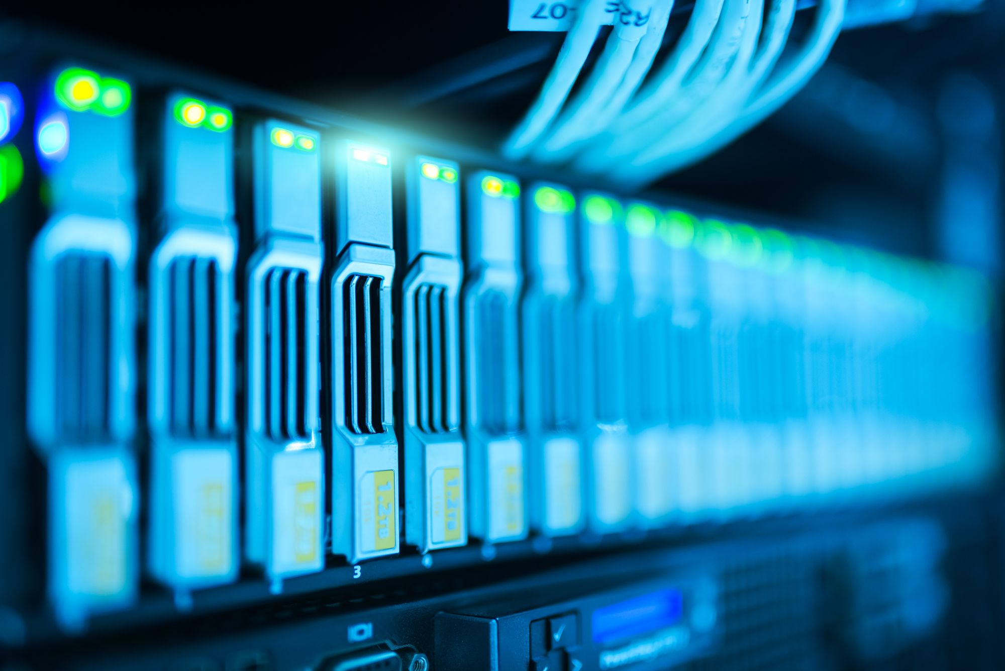 Server drives and status lights in a rack